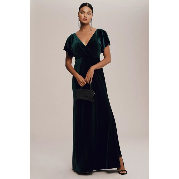 NWOT Jenny Yoo Ellis Flutter-Sleeve Open-Back Stretch Velvet Gown - Picture 1 of 8